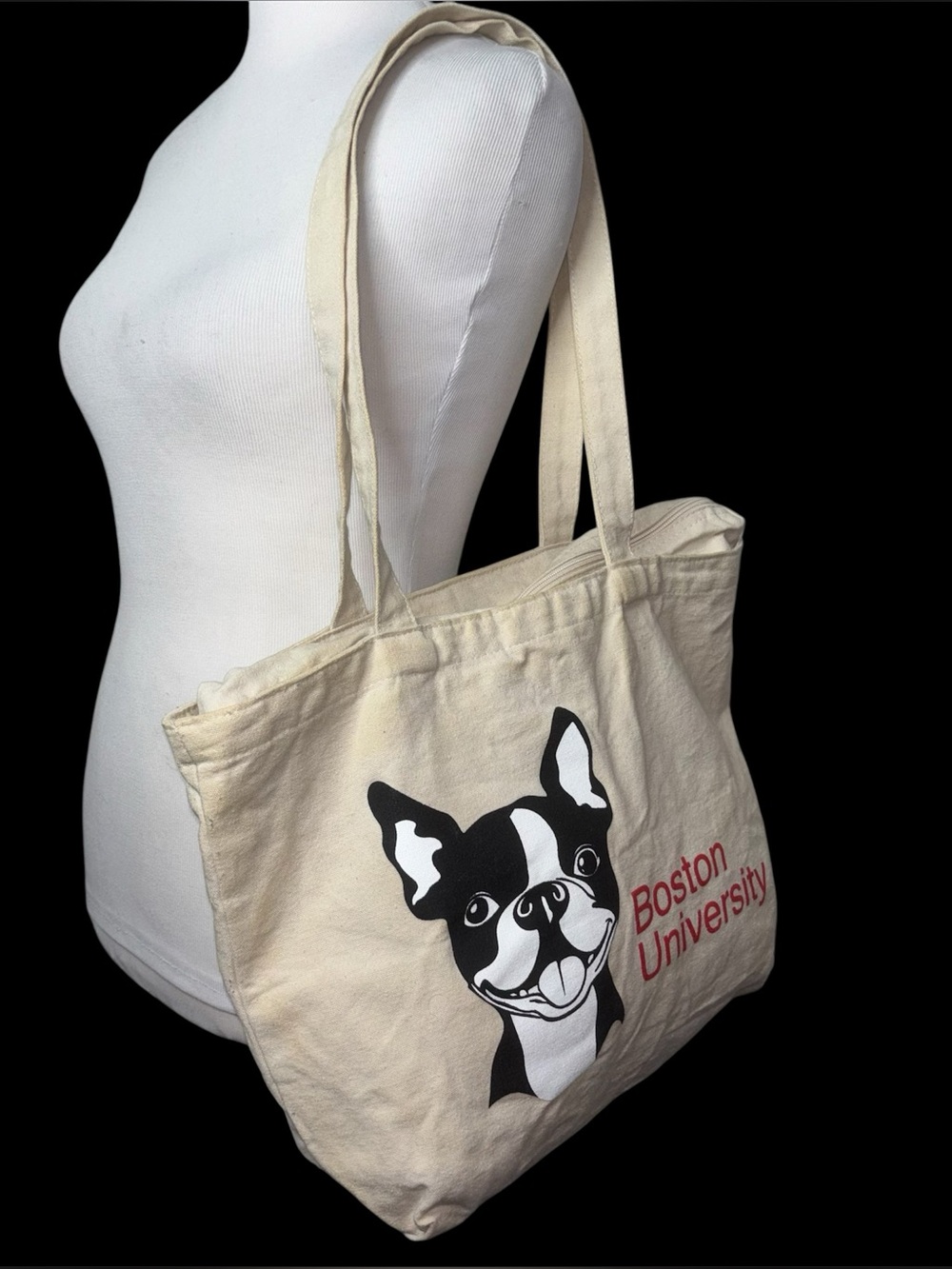 Boston University Tote Bag Boston Terrier Dog Canvas Shopping Reusable Zipper